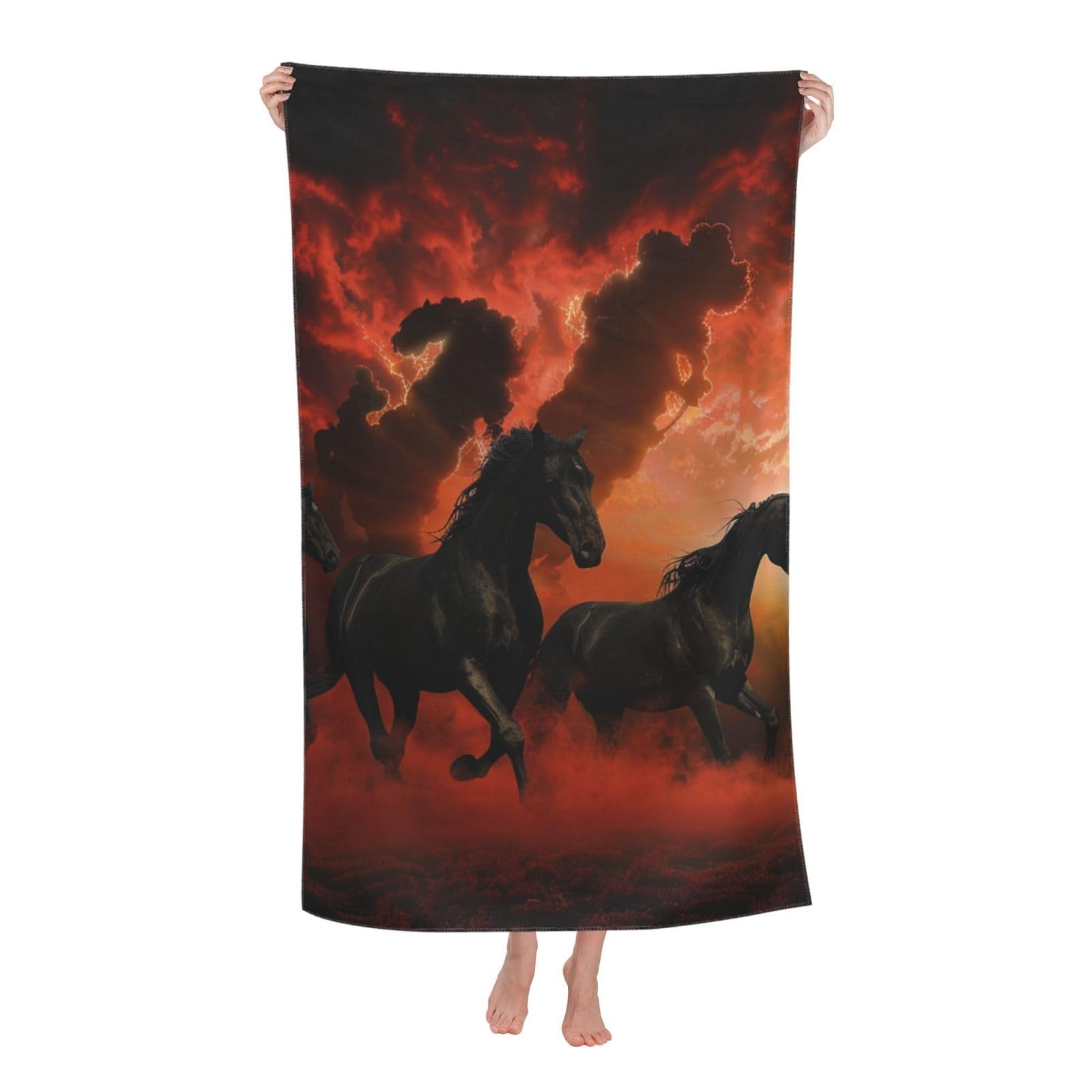 BWWHCCTI Black Horses Red Glowing Clouds Printed Quick Dry Bath Towel, Soft Microfiber Towels Fast Drying Beach Towels for Travel,Camping,Gym,Swimming,Yoga