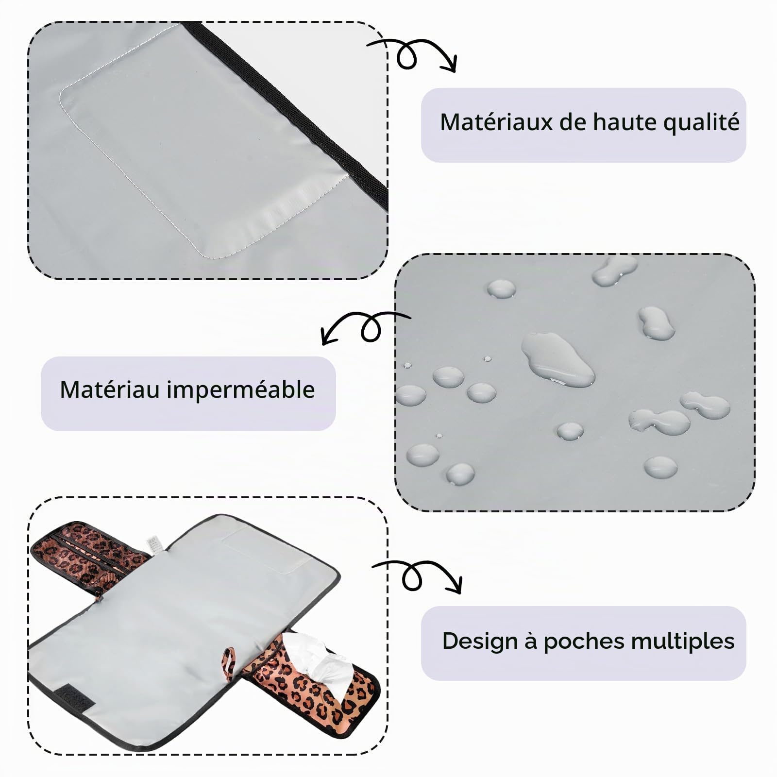 Matelas à langer portable, pour les déplacements, compact, sac à langer amovible, pour bébé en voyage, motif léopard