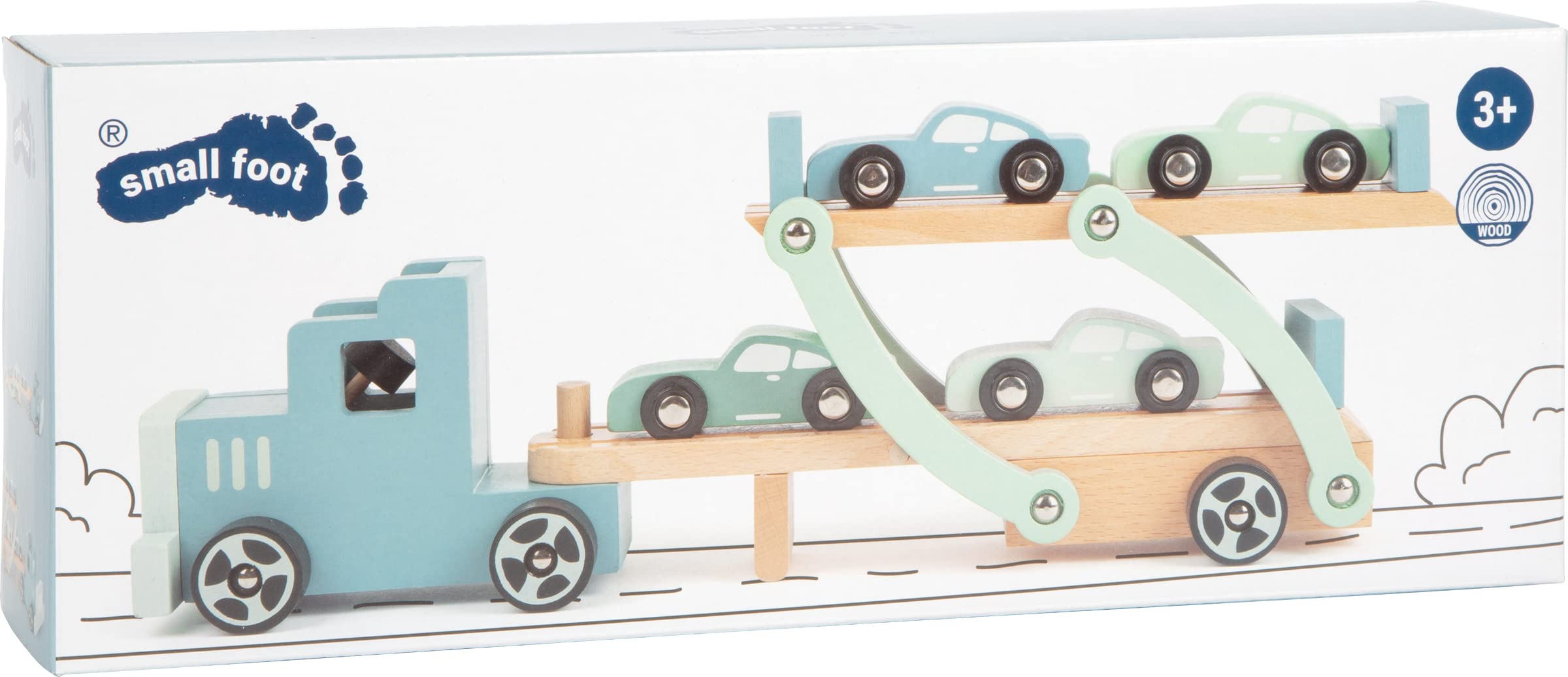 Small Foot 11510 Bisarca Chicago in Legno, con rampa di carico Mobile, rimorchio Rimovibile e 4 Auto, a Partire dai 3 Anni