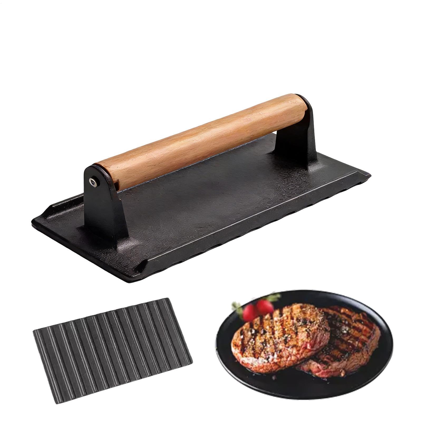 Prensa de Bacon con Mango de Madera de Hierro para Cocina | Prensa de Carne de Bistec para Barbacoa Exterior para Plancha Barbacoa Exterior Camping Cocina Hogar Restaurante