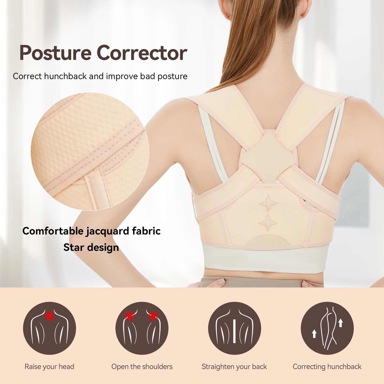 Posture Corrector Shoulders Back, beżowy, wygodny i oddychający, regulowany pasek dla kobiet do odciążenia szyi, ramion i górnej części pleców (S/M)