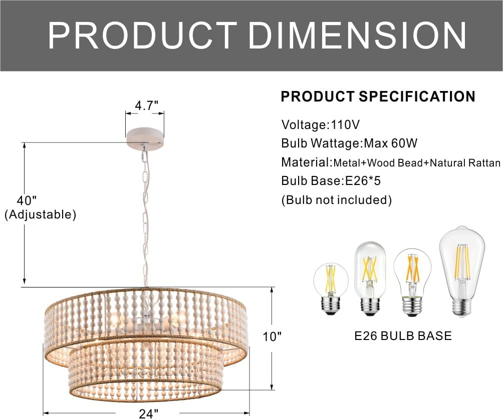 24" Boho Chandelier Light Fixtures,5 Lights Farmhouse Wood Beaded Drum Chandeliers Rattan Handed Woven Lighting for Dining Room Living Room Kitchen Bedroom