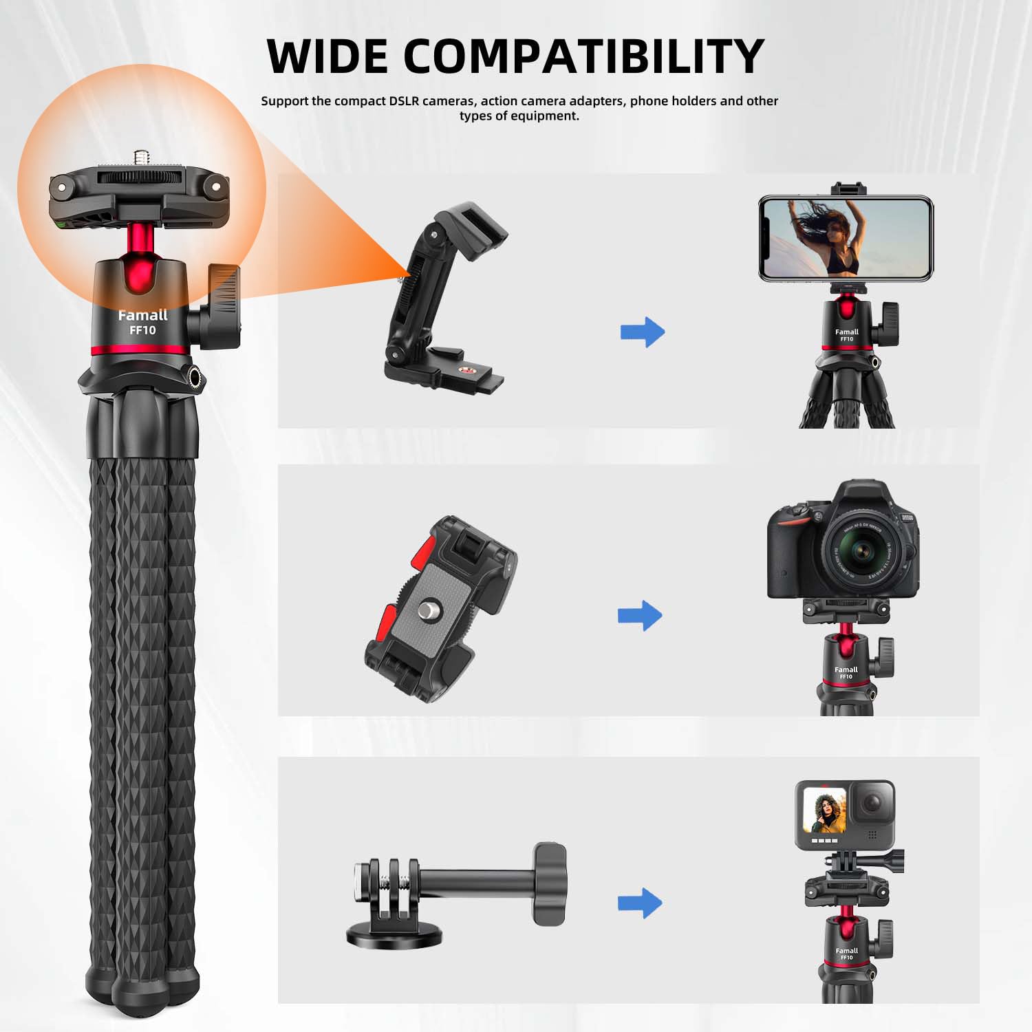 Tragbares Kamerastativ, flexibler Mini-Ständer für Handy mit Kaltschuh-Handyhalterung für iPhone 17, 16, 15, 14 Pro Max, XS, Max, X, Canon, Nikon, Sony, DJ, Pocket, 3 Kameras, Gopro Travel