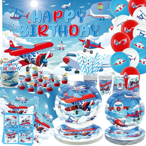 Avión Cumpleaños Decoraciones para Fiesta de Avión Accesorios de Fiesta de Avión Platos Tazas Servilletas Mantel Feliz Cumpleaños Fondo Globo Pastel Toppers para