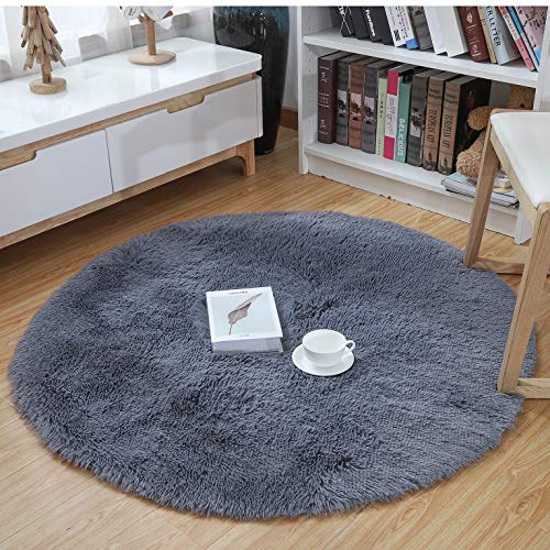 YJ.GWL Ultra Soft Round Grey Fluffy Rug for Kids Bedroom Anti-Slip Shaggy Nursery