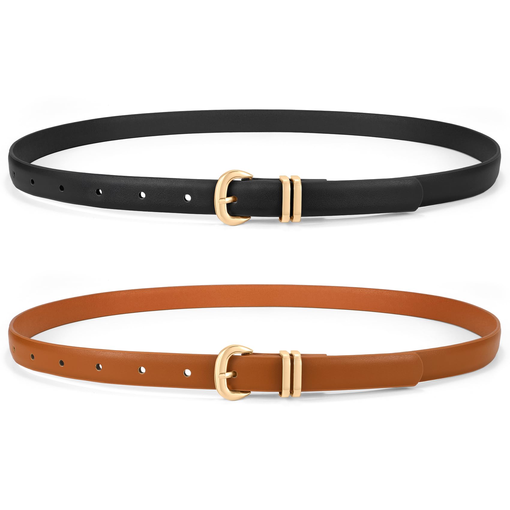 WHIPPY 2 Pack Skinny Leather Belts for Women Fashion Ladies Thin Waist Belt for Jeans Pants Dresses with Gold Buckle