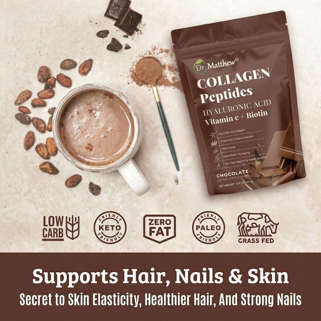 Chocolate Collagen Powder. Collagen with Hyaluronic Acid and Vitamin C. Chocolate Collagen Peptides Powder Chocolate. Collagen with Vitamin C & Biotin for Hair, Skin, Nails, Joint. Keto, Type 1 and 3.