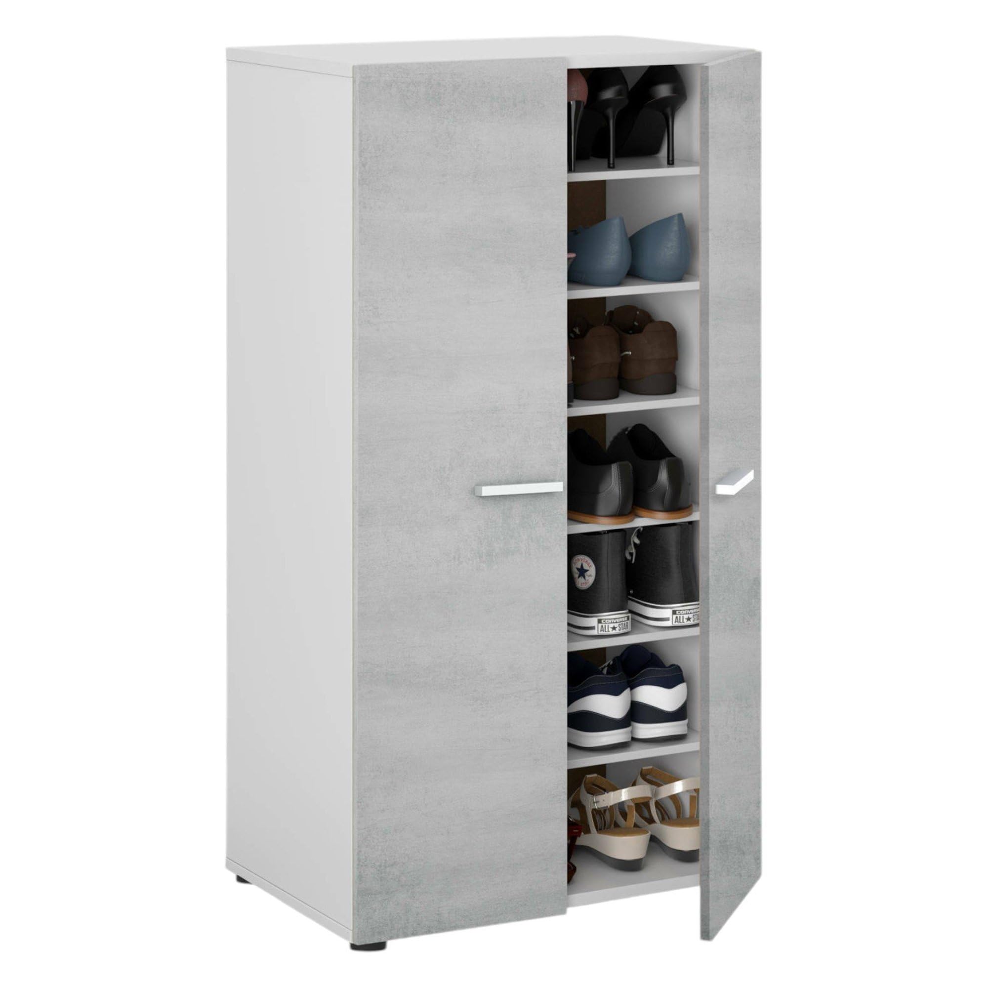 Dmora - Armadio multiuso 2 ante Norwalk, Armadio porta scarpe, Mobile basso con 6 ripiani, Scarpiera bassa moderna, 55x36h103 cm, Bianco e Cemento