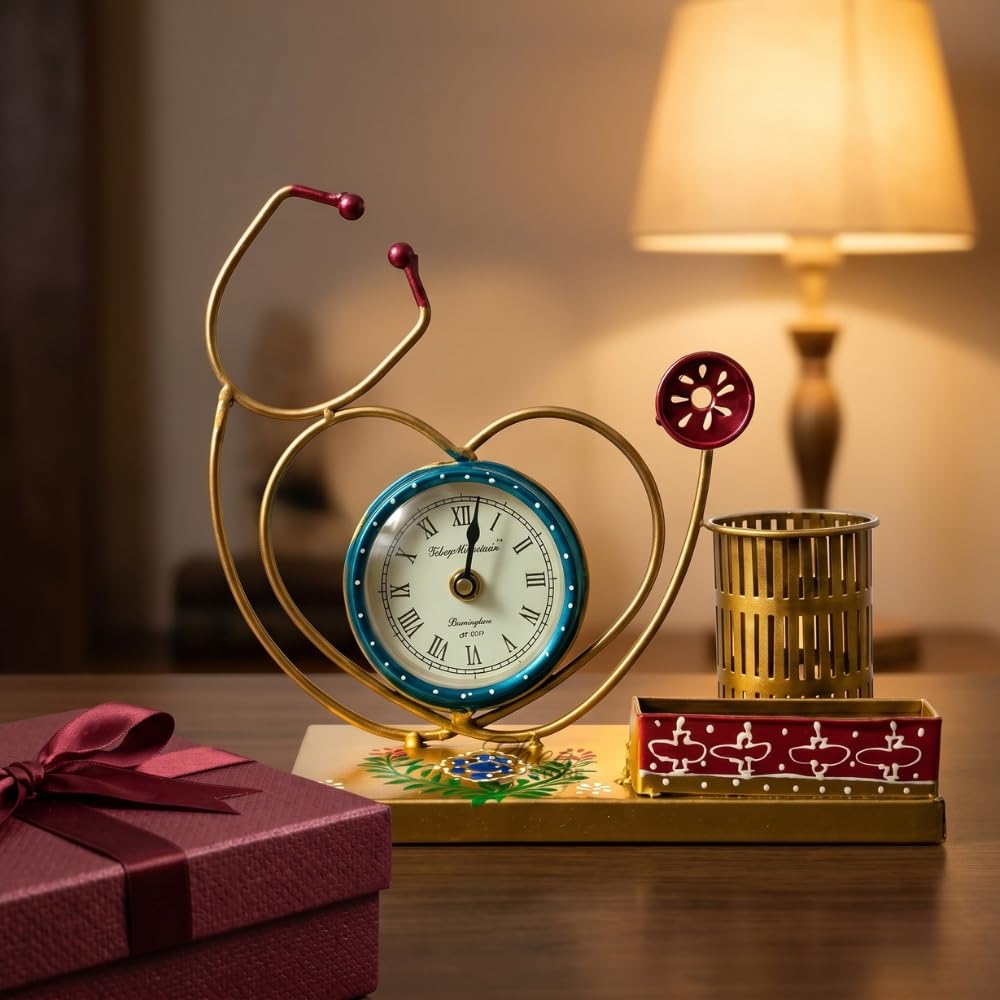 Golden Stethoscope Pen Stand with Clock, Metal Desk Organizer Doctor Gift Item, Corporate Bulk Gifting Medical Clinic Table Showpiece and Office Decor (30x10x16 cm)-image-22