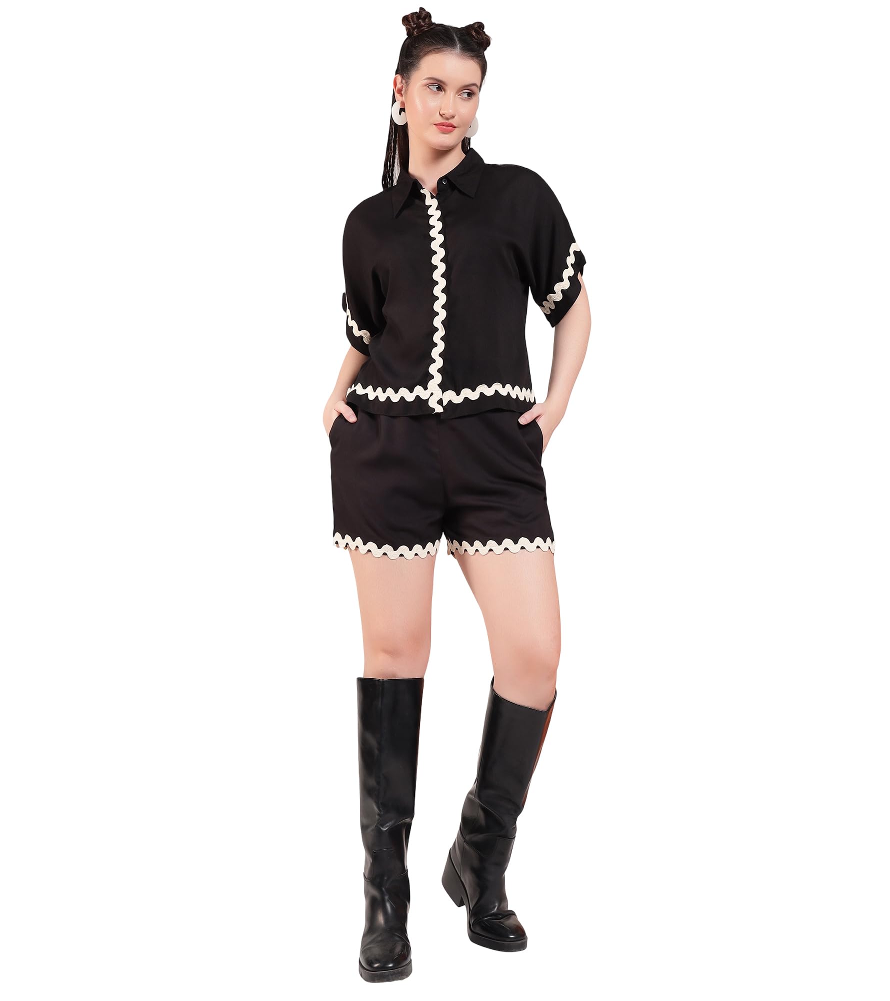 Solid Rayon Kimono Sleeve Shirt With Shorts Co-Ord Set For Women's|Collar Neck Short Kimono Sleeves Regular Fit Stylish Summer Western Casual Wear Ladies Trendy Cord Set