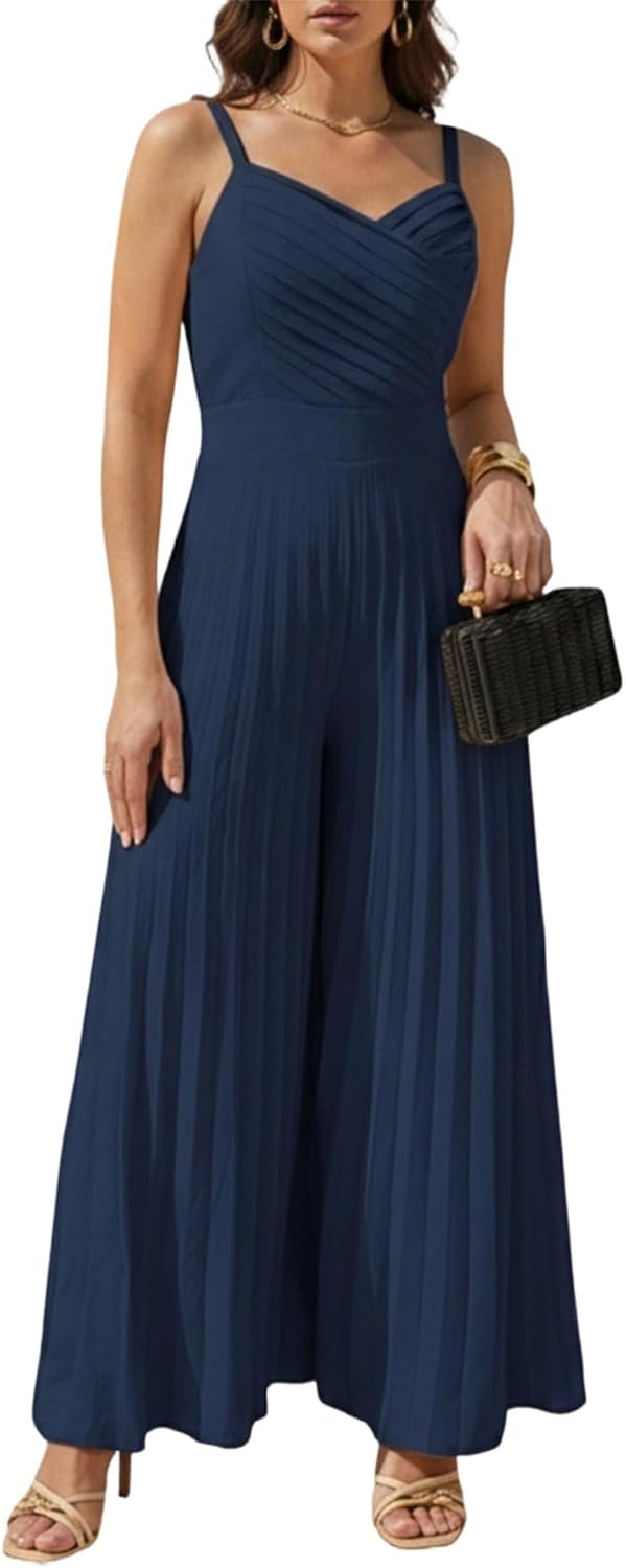 CHICME Flowy Pleated Jumpsuits for Women Smocked Sleeveless Spaghetti Strap Long Rompers Summer Wide Leg Jumpsuit