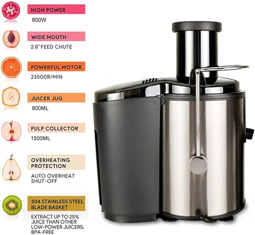 Miniatura 5 de Máquina exprimidora, extractor centrífugo de 800 W con boca ancha de 3 pulgadas, canal de alimentación para frutas y verduras, fácil de limpiar,