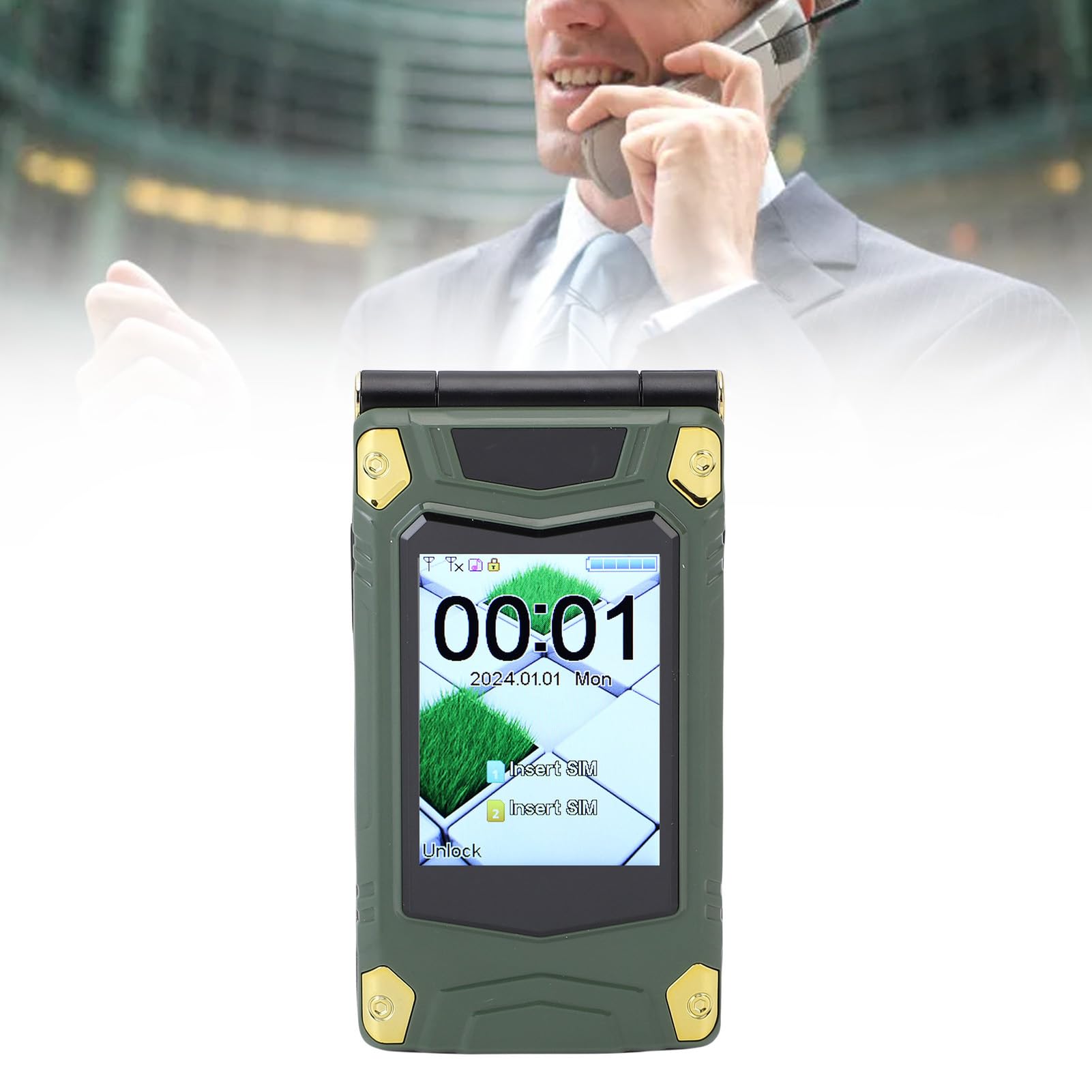 Odwróć Telefon z Dużymi Czcionkami, Transmisja Głosowa, 9 Szybkiego Wybierania, 3,0 „wewnętrzny + 2.6”, Ekran Zewnętrzny, 4800 MAh, Podwójna Karta SIM Odblokowana (GREEN)