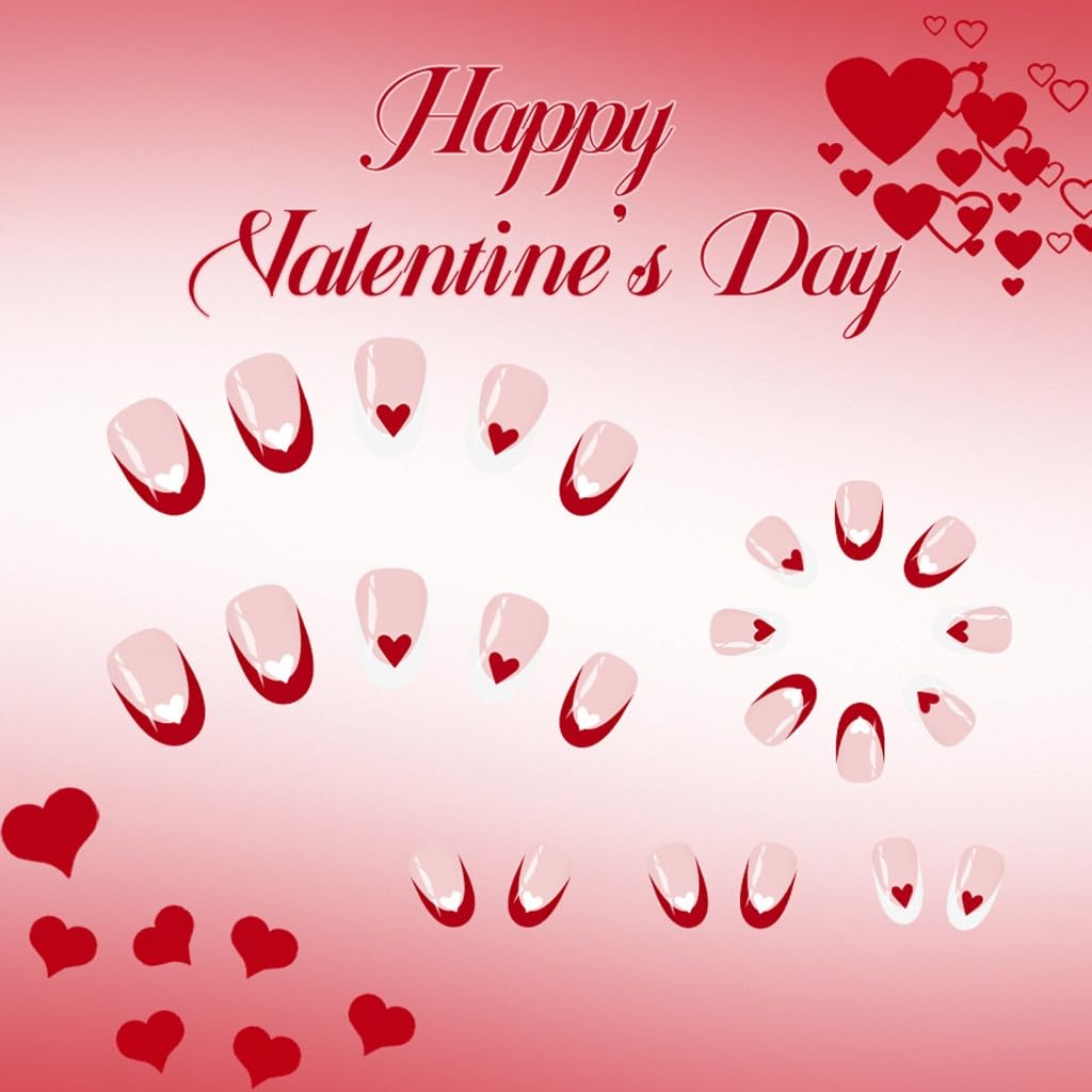 24 Pieces Valentine’s Day Press Install Nails Red and White Heart Design Faux Nails Long Use for Parties Weddings
