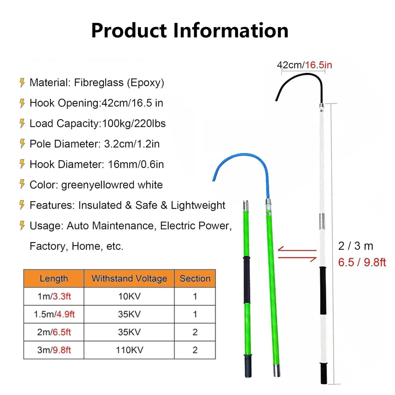 Rescue Hook, 10kV 35kV 110kV 220kV High Voltage Rescue Hook, Insulated Electrician Pulling Hooks with Non-Slip Handle, Strong Load-Bearing Capacity Emergency Life-Saving Tools(Red,6.5ft/2m)