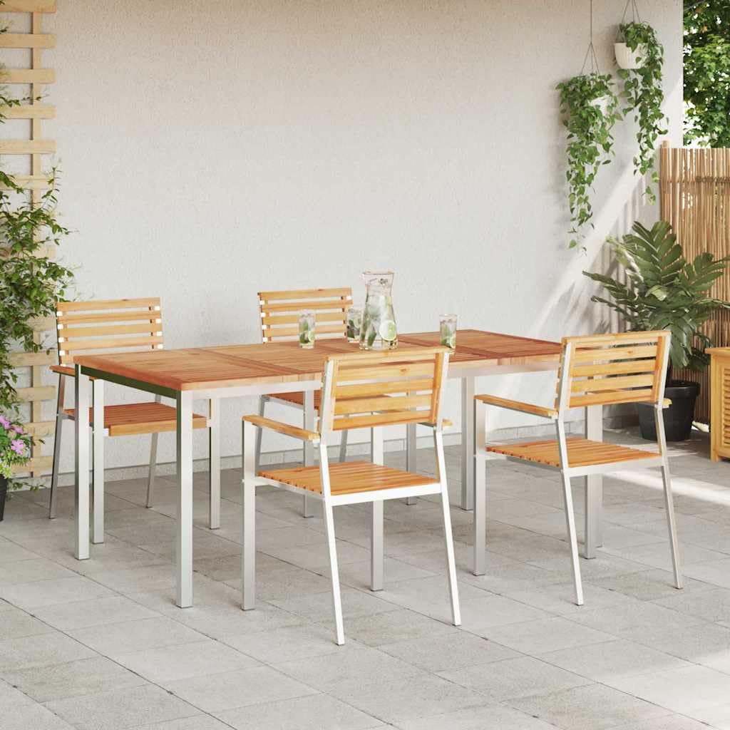 Moderno juego de comida al aire libre de 5 piezas, marrón, con marco de acero y tablas de madera, equipado con cojines con cremallera y reposabrazos ergonómicos, perfecto