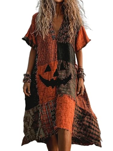 Women's Vintage Halloween Pumpkin Face Midi Dress Pumpkin Patchwork Sweatshirt