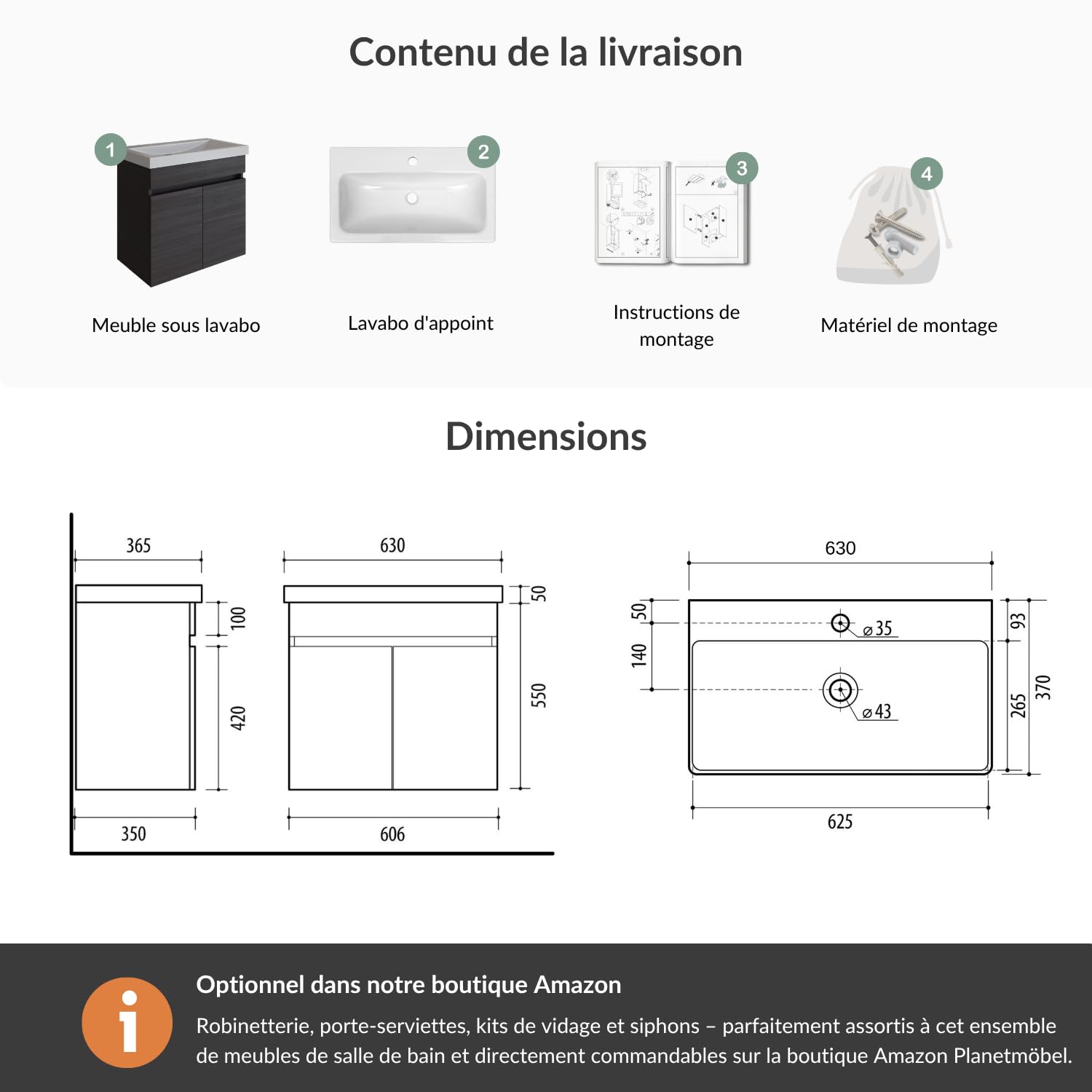 Planetmöbel Meuble sous Vasque avec lavabo en céramique 63x60x36,5 cm, Ensemble de Meubles de Salle de Bain Moderne, Anthracite