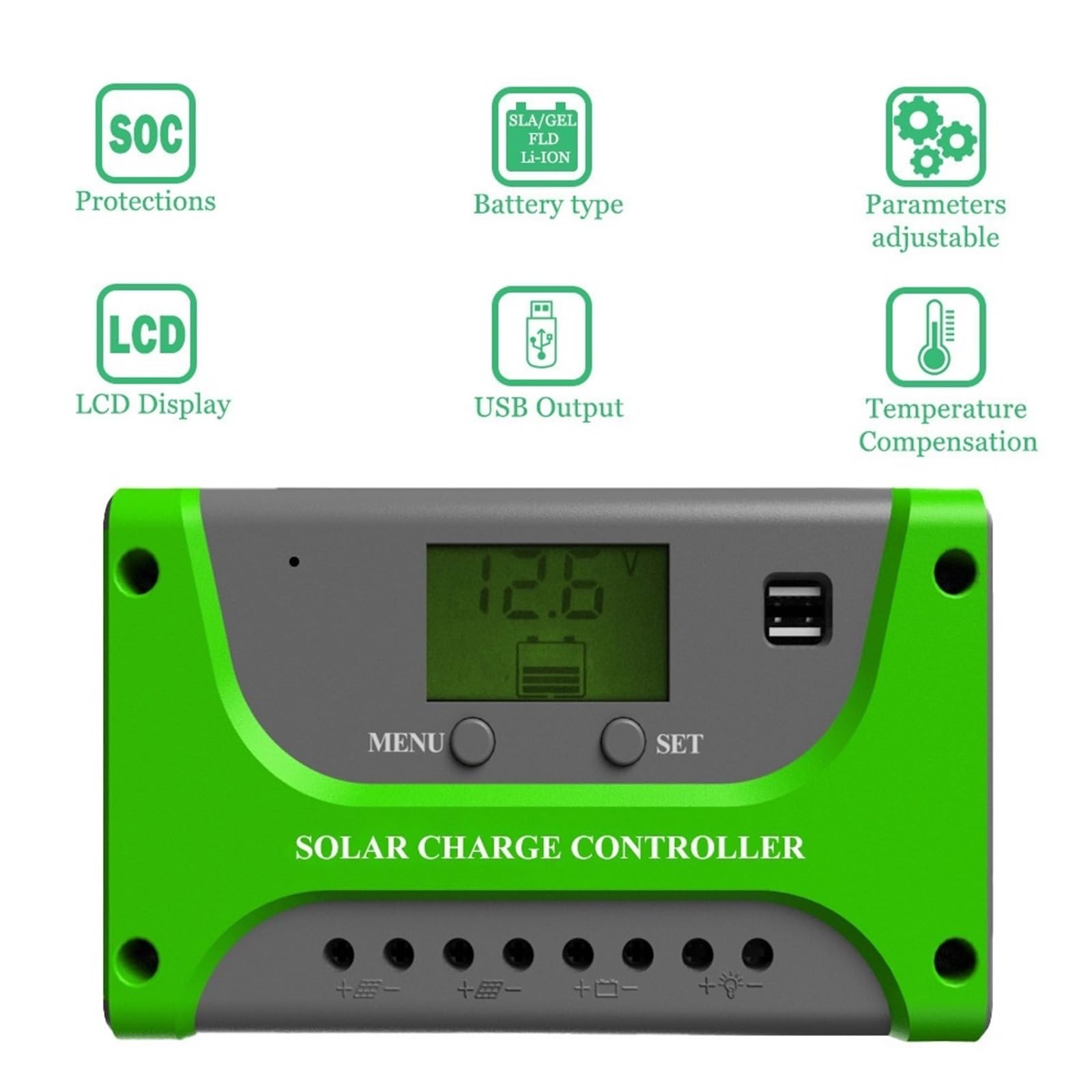 Controlador Solar De 10 A, 20 A, 30 A, 40 A, 50 A, 60 A, Controlador De Carga Solar PWM Fuera De La Red, Entrada Fotovoltaica Dual De 12/24/48 V Fácil Eficaz(10A 12/24V)