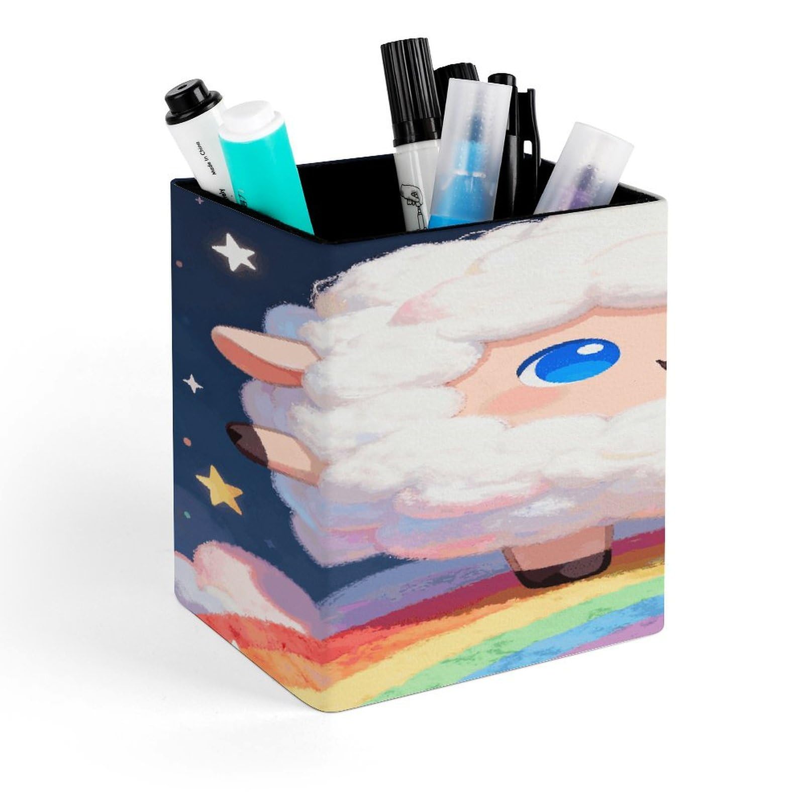 LZQPOEAS Sheep Square Pen Pencil Holder PU Leather Pencil Cup Desktop Stationery Organizer Office Accessories Container