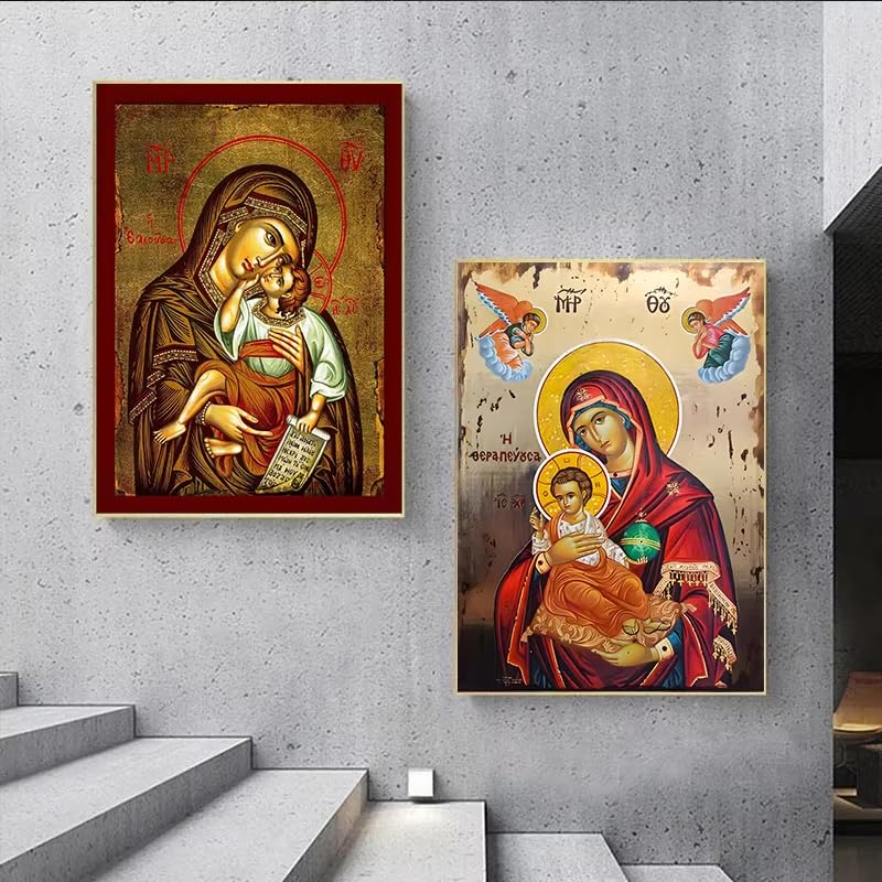 Toile Byzantine de la Vierge Marie et Jésus Ikon Panagia Déco Salon 30x42cm