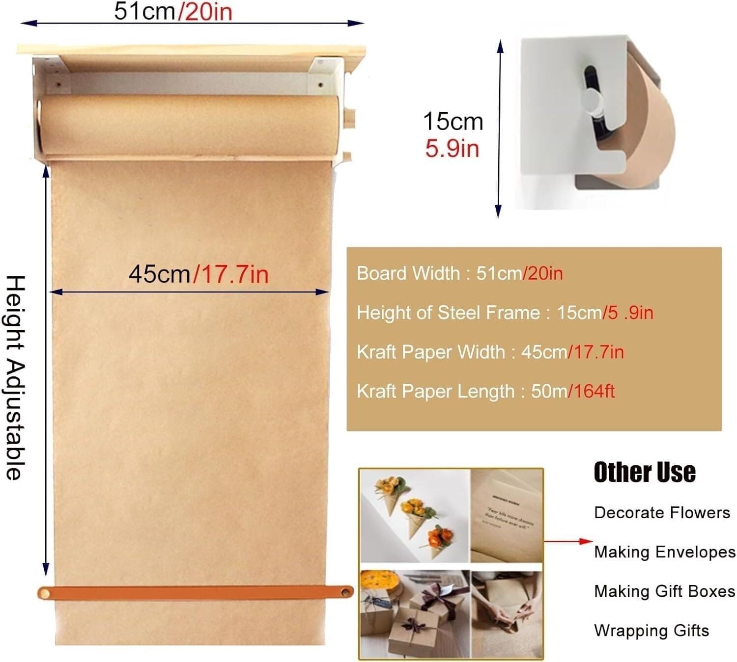 Distributeur De Rouleaux De Papier Kraft De 45 Cm À 66 Cm De Large avec Support Chevalet Et Étagère Supérieure. Largeur du Papier : 45 Cm.