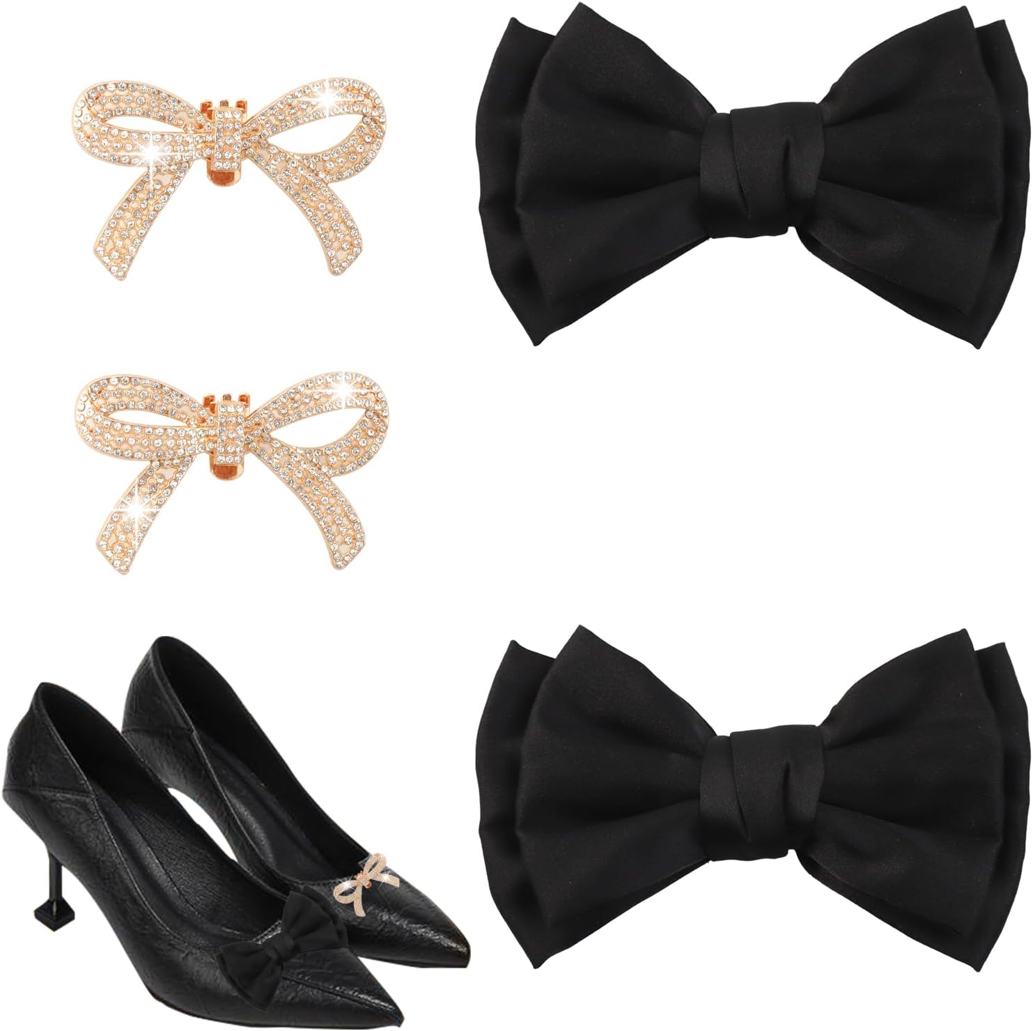 4 Pcs Bow Shoe Clips for Women, Rhinestone Black Satin Shoe Clips Elegant Detachable Decorative Bow Shoe Clips for Women Dress Shoes Wedding Bridal Party Accessories