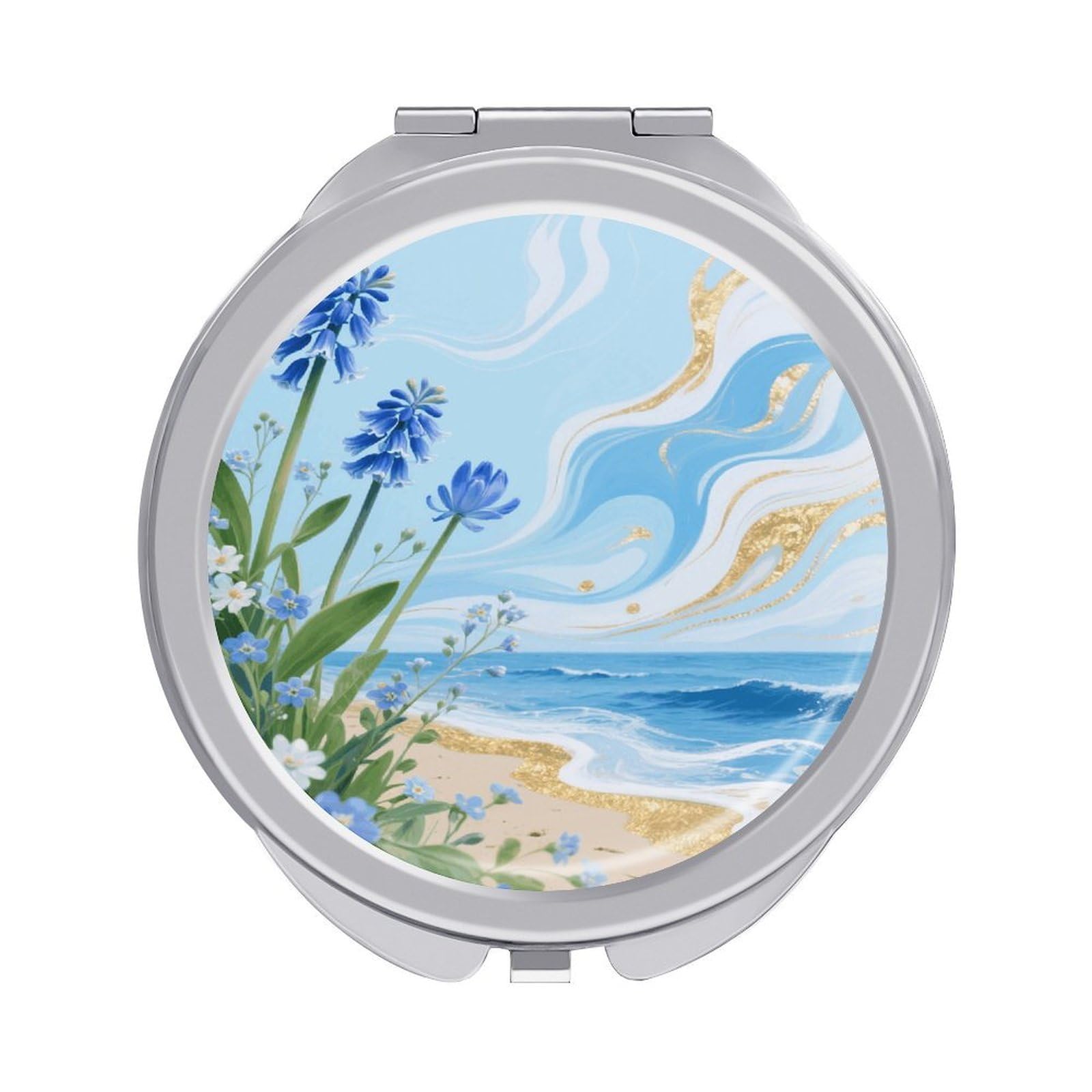 VstaDank Hawaii Floral Blue Travel Makeup Mirror 2 X /1 X Magnifying Mini Vintage Pocket Mirror for Purse Small Portable Folding Small Round Mirrors Portable Vanity Mirrors for Women