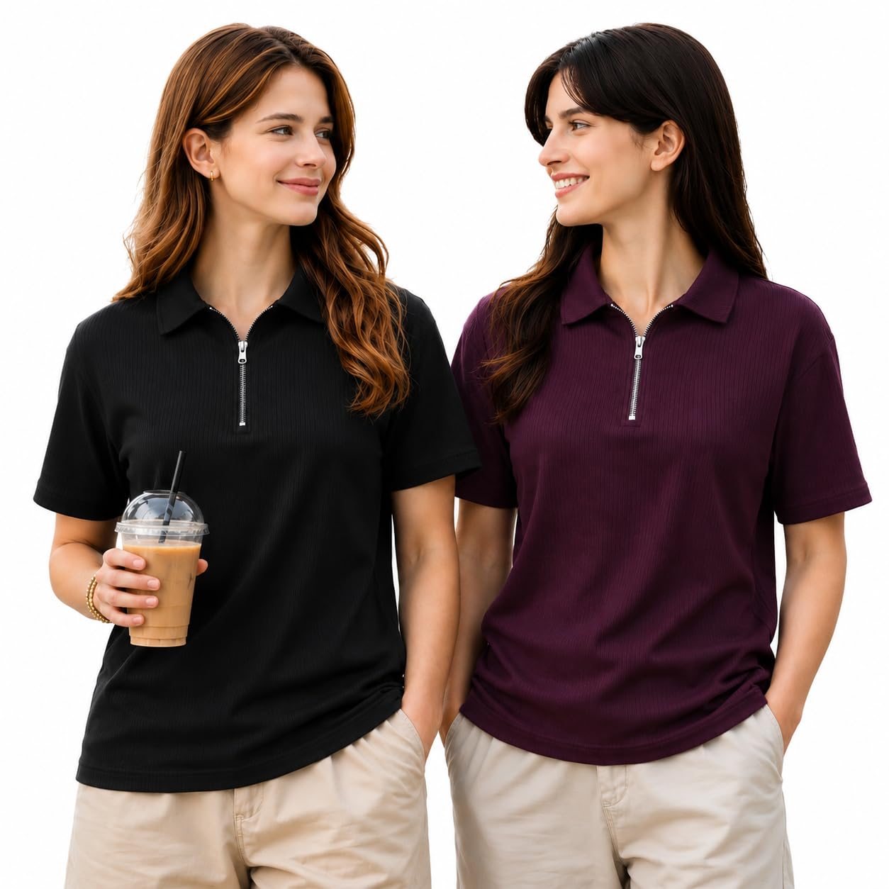 Women's Regular Fit Ribbed Half Zip Polo T-Shirt | Cotton Blend | Collared Neck | Half Sleeve Casual Top (Pack of 2)-MN-478-picture-48