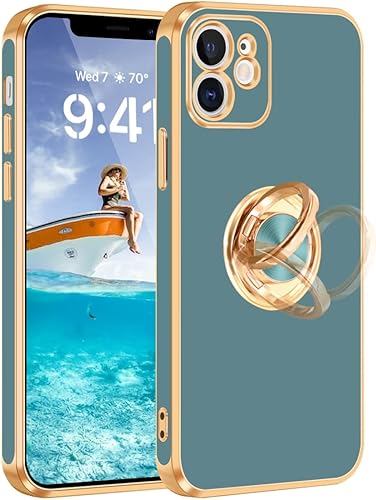 Fingic Funda para iPhone 12 iPhone 12 con soporte de anillo soporte magnético de anillo giratorio de 360 borde dorado chapado brillante funda