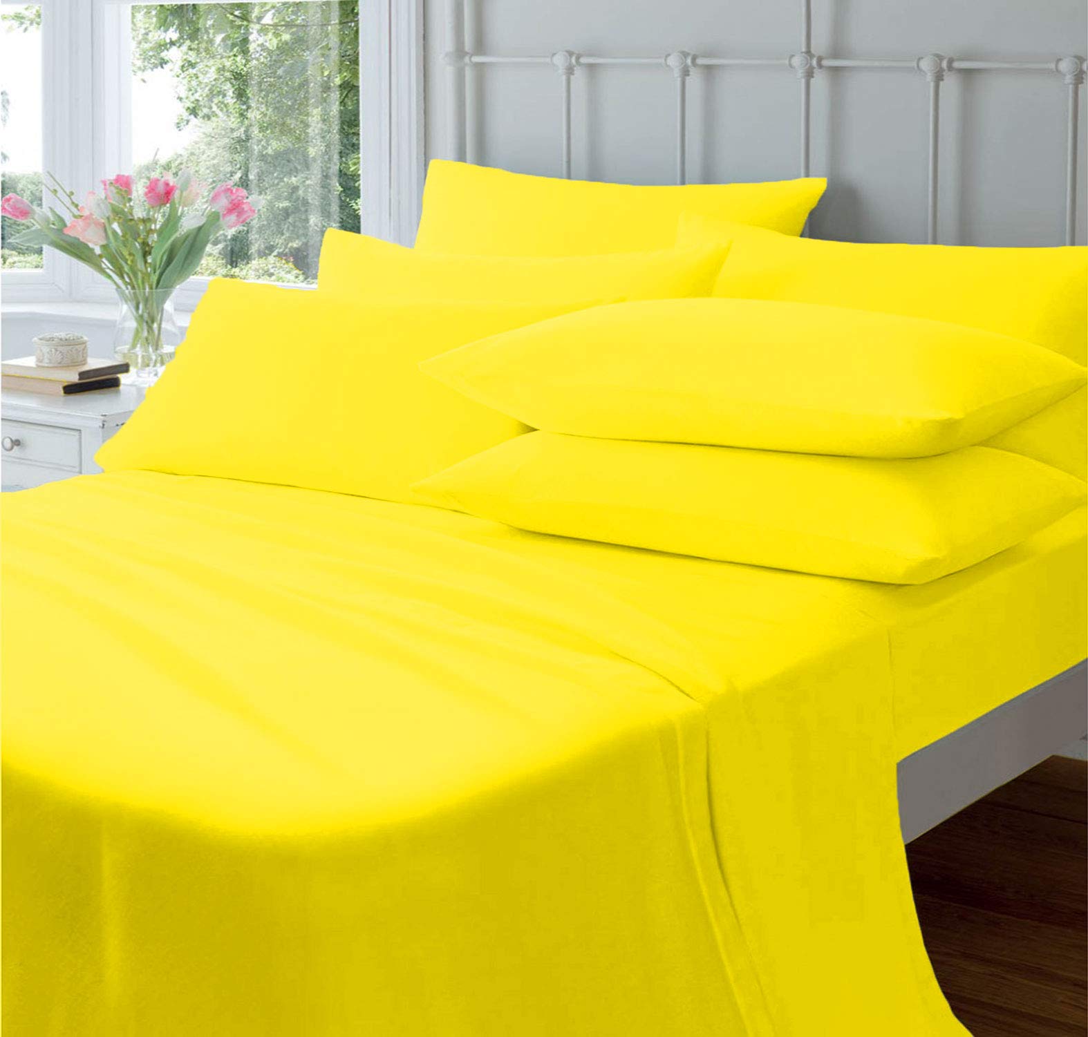Drap plat en coton égyptien 600 fils jaune pour lit simple de qualité supérieure