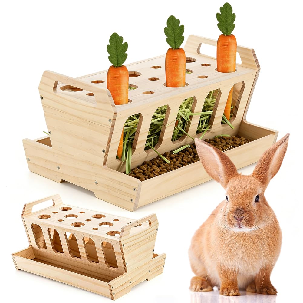 Gran comedero para conejos y cobayas, accesorios para conejos, comederos con soporte para zanahorias de madera natural sin tratar, 30 x 22 x 18 cm, comedero para conejos, accesorios para cobayas