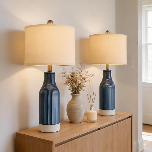 Miniatura 12 de Juego de 2 lámparas de mesa de cerámica, lámpara de mesita de 23.75" moderna de estilo granja para recámara - Lámparas de mesita de noche color B