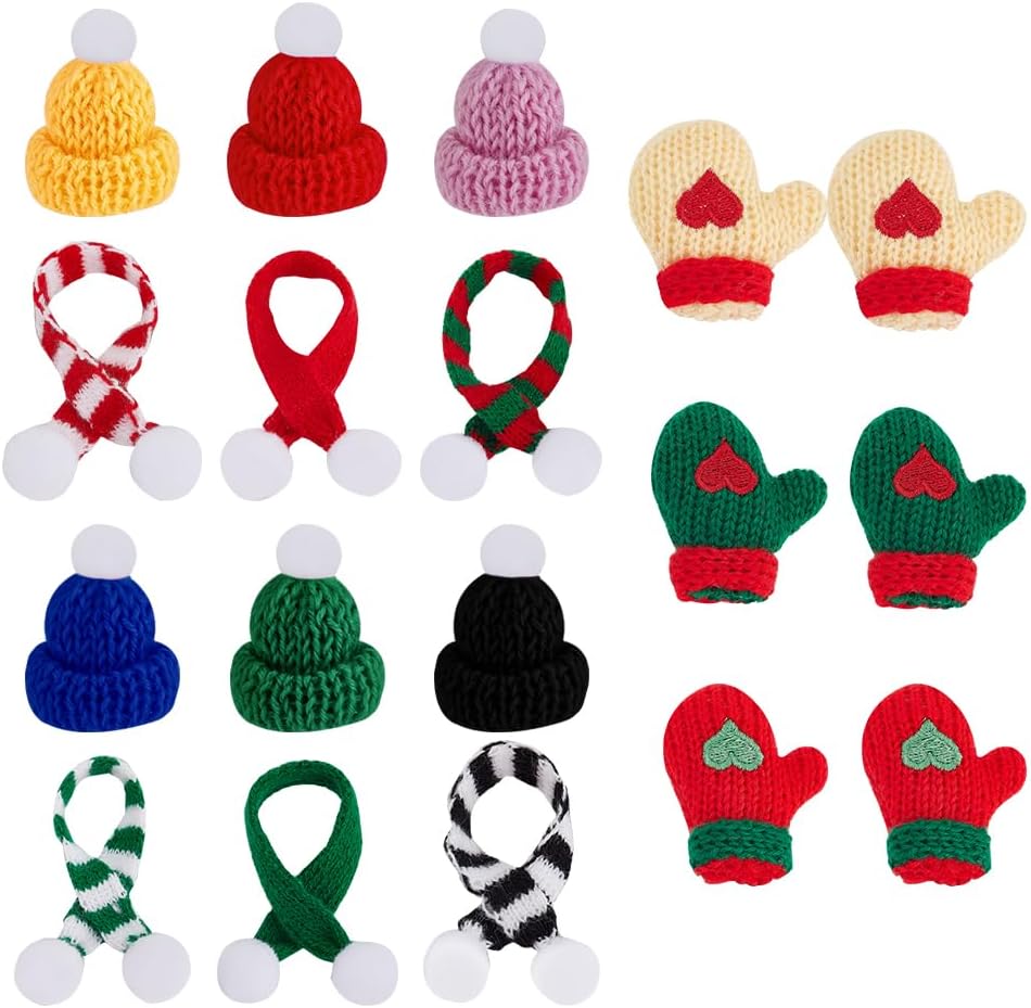 WEBEEDY 24pcs Christmas Ornament Kits Mini Santa Hats Christmas Scarf and Knitted Gloves Craft Accessories Decor for Christmas Bottle Cup Snowman Decorations Wreath Party Supplies