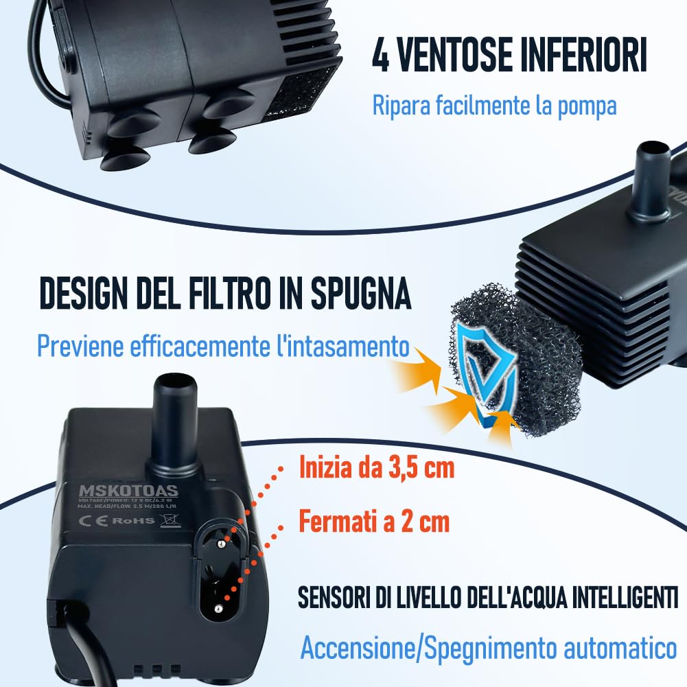 Pompa di sentina automatica di piccole dimensioni con sensore dell'acqua, sollevamento 2,5 m, 280 l/h con tubo da 1,8 m, mini pompa di condensa 115/230 V per deumidificatore, condizionatore d'aria