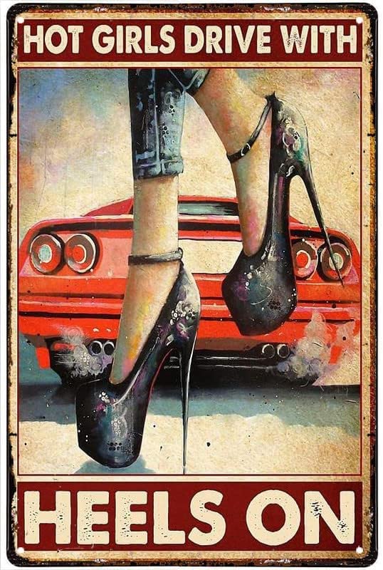 Bonoff Metaldecor Hot Girl Drive With Hells On Red Carhome Bar Restaurant Garage Cafe Gashop Metal Plaque Vintage Decor Poster Wall Art Decor Metal Sign Poster 8X12 Inches