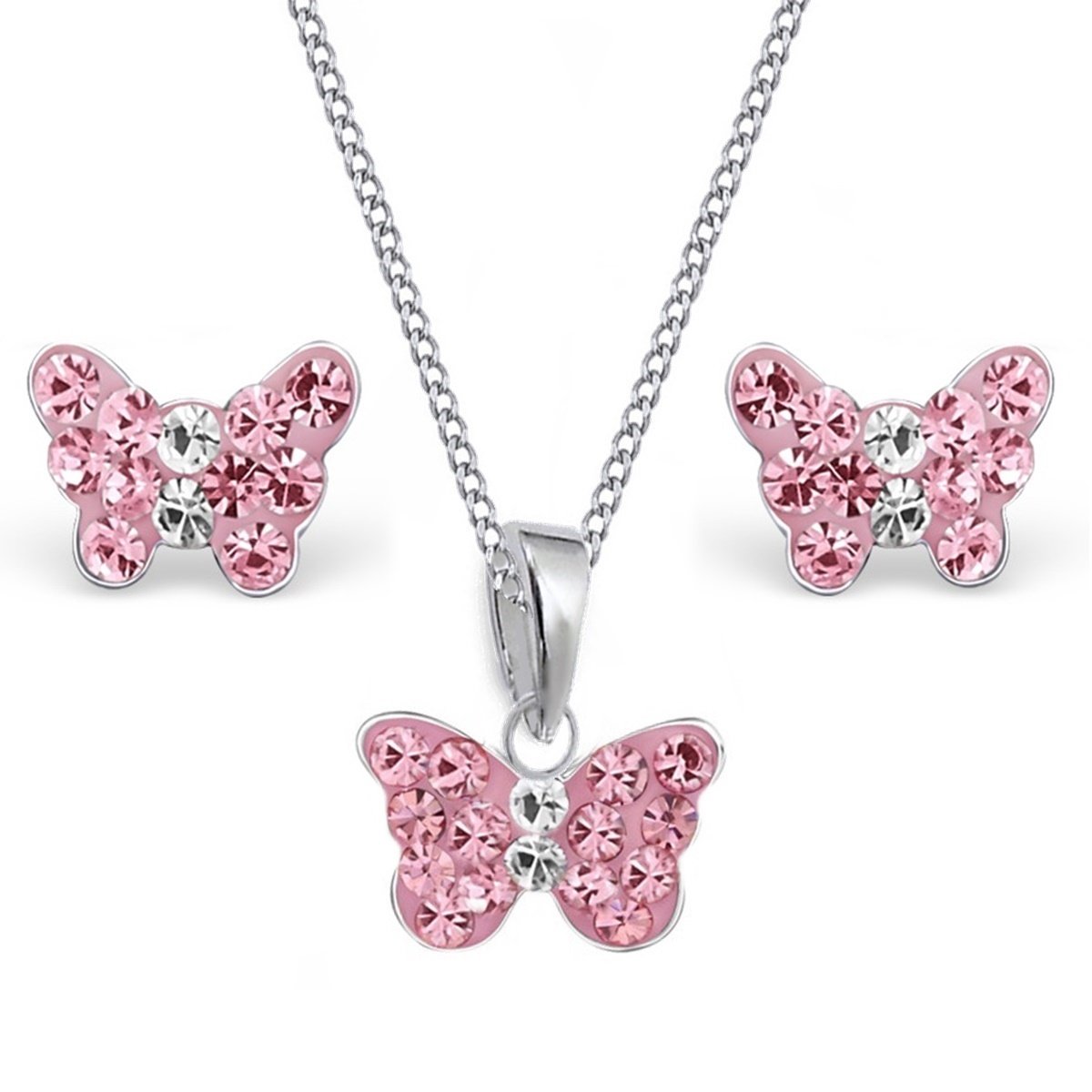 Goldene Hufeisen Set con mini ciondolo a forma di farfalla con cristalli, collana e orecchini, in vero argento 925, per bambine, Smaltato Argento sterling Vetro, Nessuna pietra preziosa