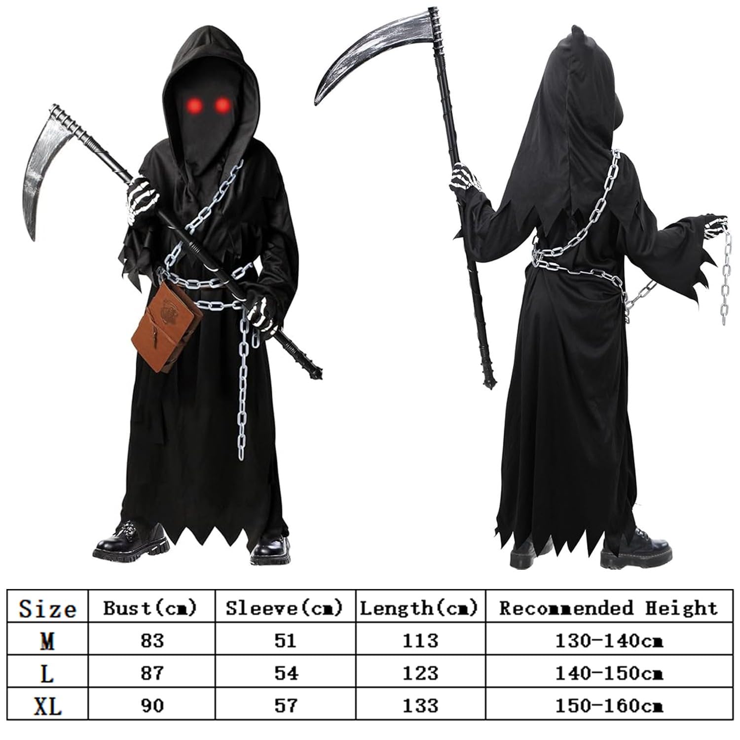Sensenmann Kostüm für Halloween, Sensenmann Kostüm Gruseliges Halloween Kostüm, Gruseliges Halloween Kostüm mit Sensenmann Sensenmann Sense, leuchtende Augen/Handschuhe/Kette/Notizbuch