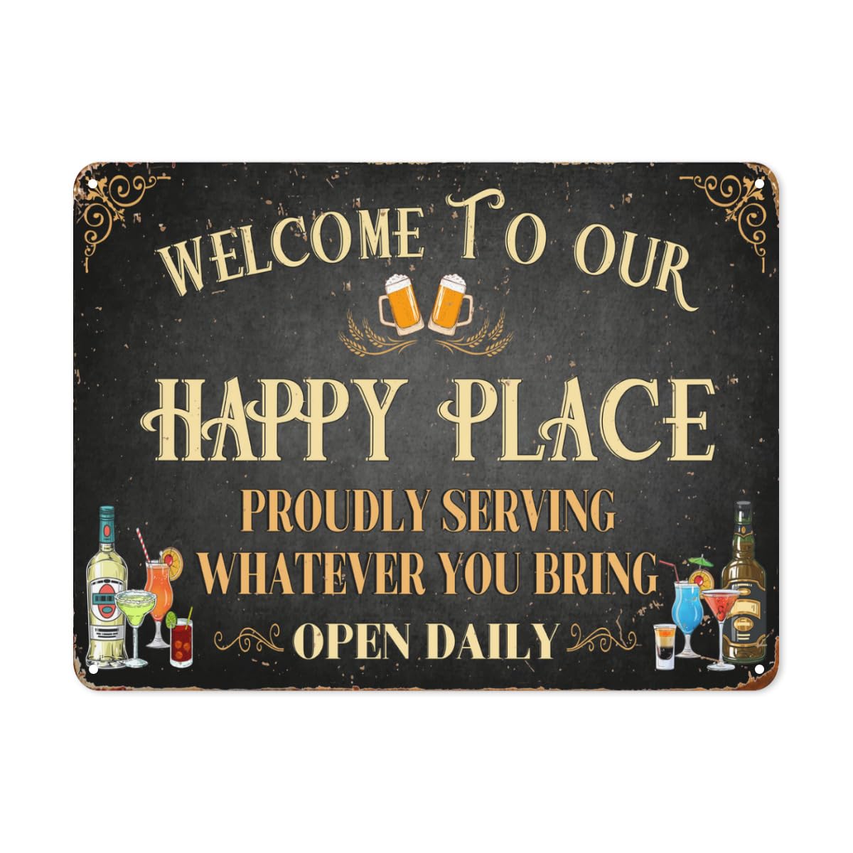 peiyeety Retro Vintage Bar Metal Tin Sign Welcome to Our Happy Place Tin Sign Bar Cave Metal Sign for Garage Shop Kitchen Basement Poster 8"x12"