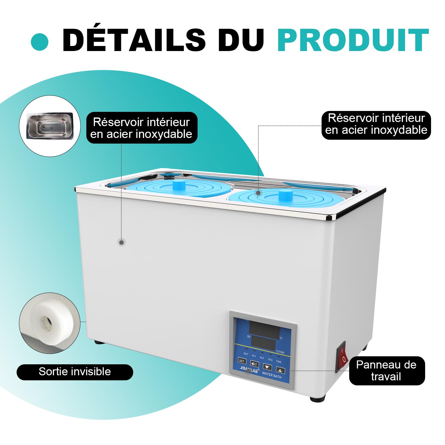 JOANLAB Bain-Marie Laboratoire 6L, 600W - Double Ouverture, Acier Inoxydable - Thermostat Numérique ±0,1°C - Minuterie 0-99 Min - Affichage LED