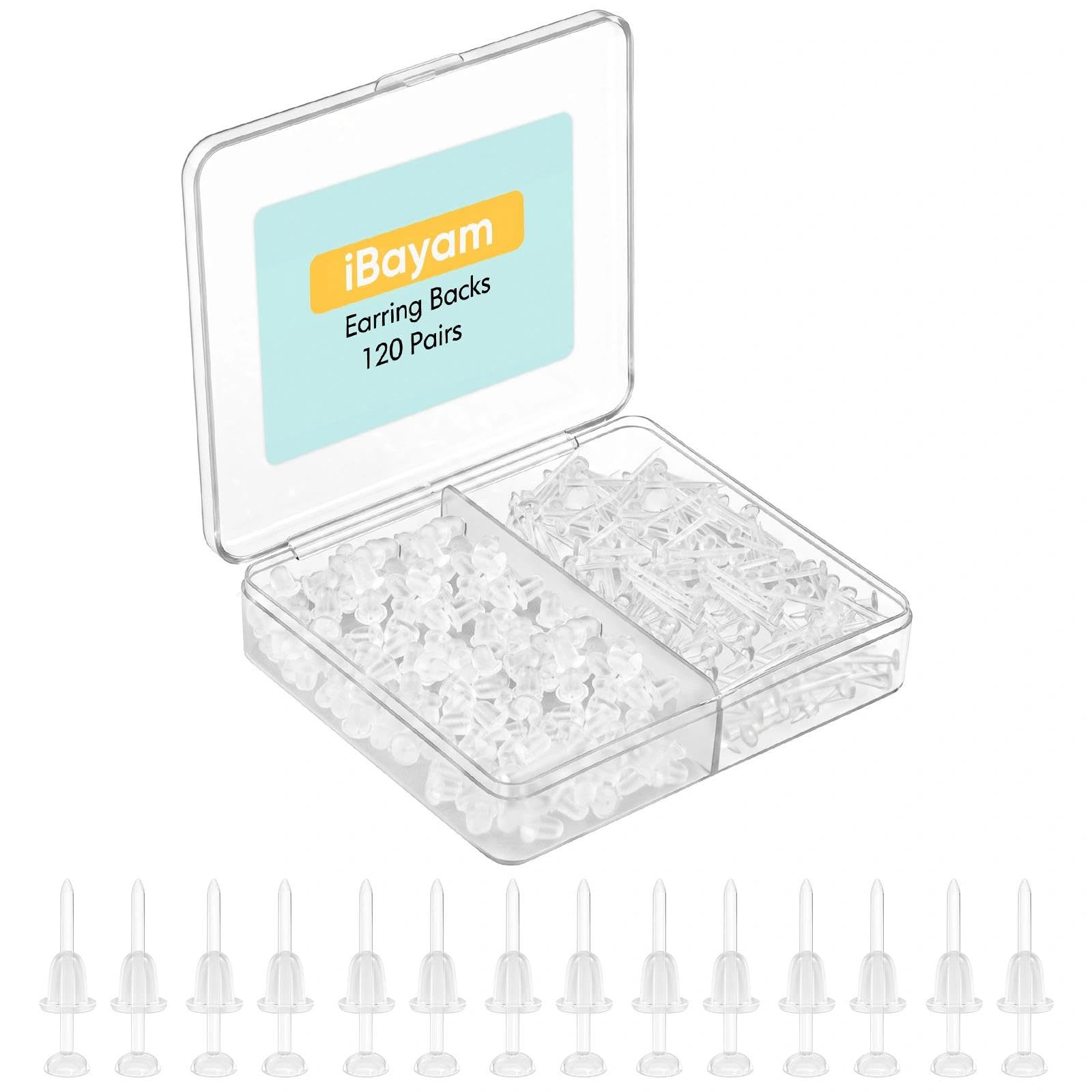 iBayam Clear Earrings for Sports, Plastic Earring Studs for Work, 120 Pairs