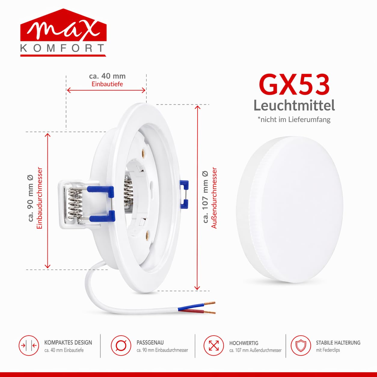 Maxkomfort 20er Set LED Einbaustrahler GX53 Fassung Weiß - Max 13W Einbauleuchte Deckenstrahler Ø90mm Bohrloch 35mm Flache Einbautiefe - Metall Deckenspot Einbauspot für Wohnzimmer Hausbau - GX61-WH
