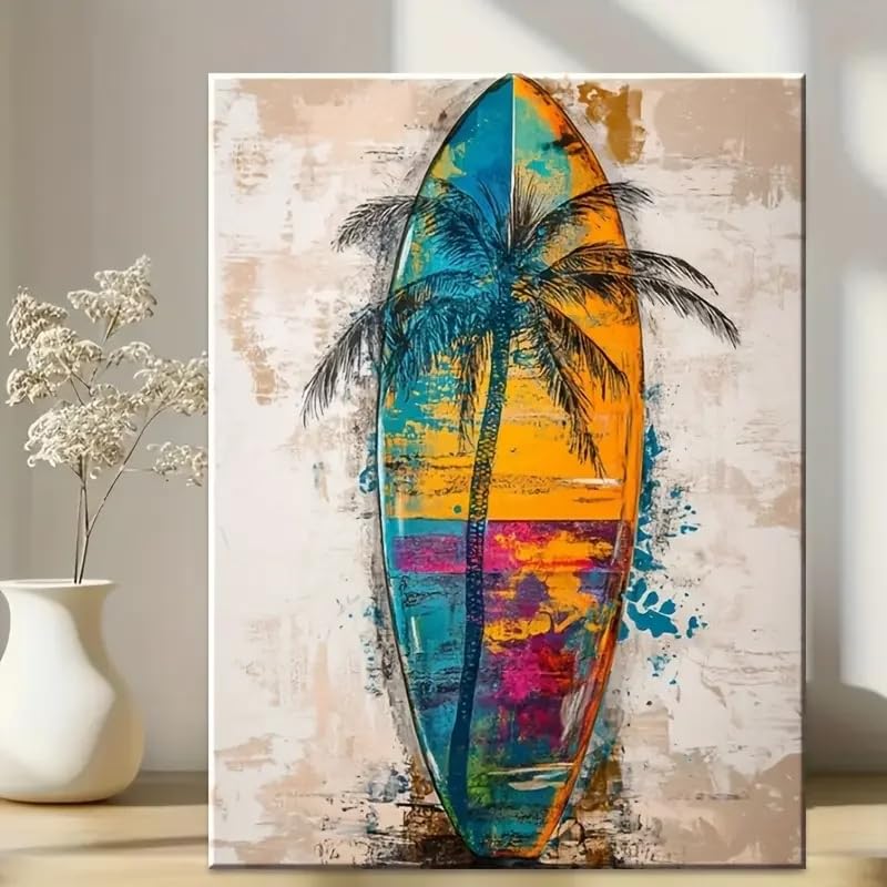BMGKYAGL Tropical Beach Wall Art - Abstract Surfboard & Palm Tree Painting w kolorze Bold Blue, Orange, Yellow Canvas Poster(30 x 45 cm / rama wewnętrzna)