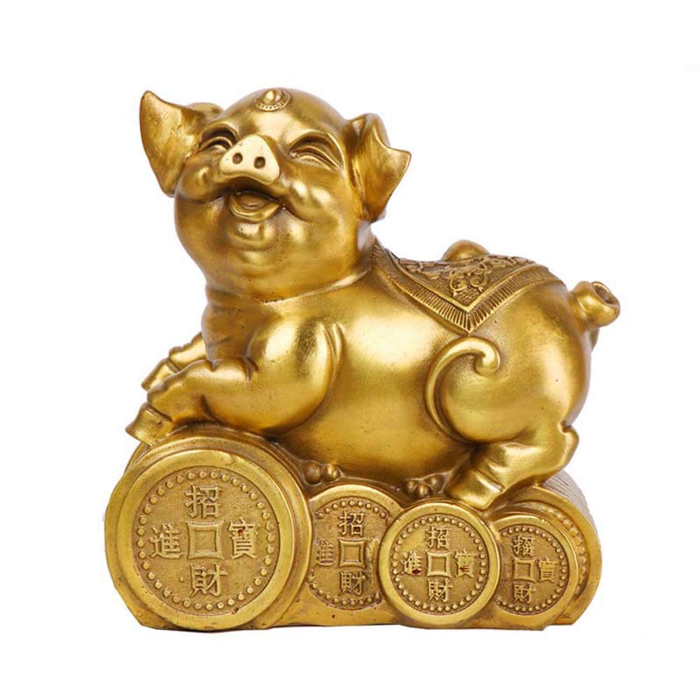 SnamicE Ornaments Pure Brass Coins Zodiac Pig Statues,Chinese Decor Figurine For Home and Office,Wealth and Good Luck Sculpture,
