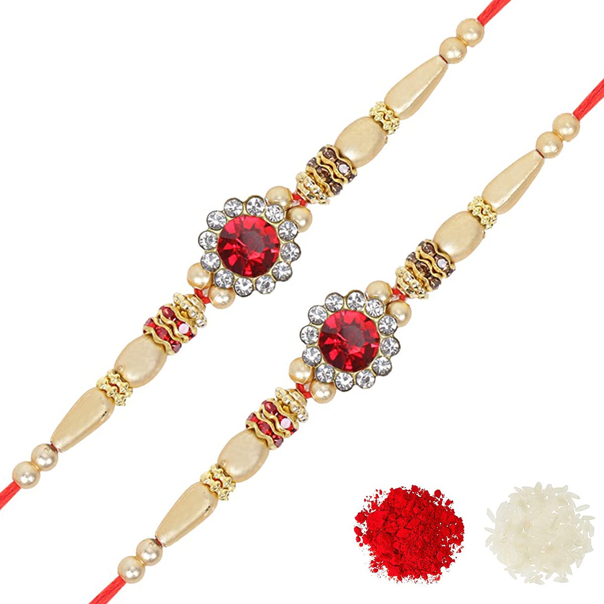 Riddhika Ventures Stylish Kundan And Mens Ad Ring Rakhi (Set Of 2) (Bracelet) With Roli Chawal And Greeting Card (P3P3)