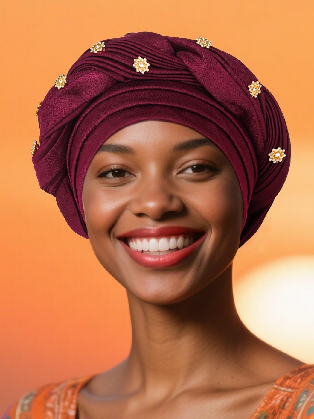 Woeoe Women African Turban Pre-Tied Twisted Beanie Cap Headwear Rhinestone Soft Stretchy Head Turbans - Image 7