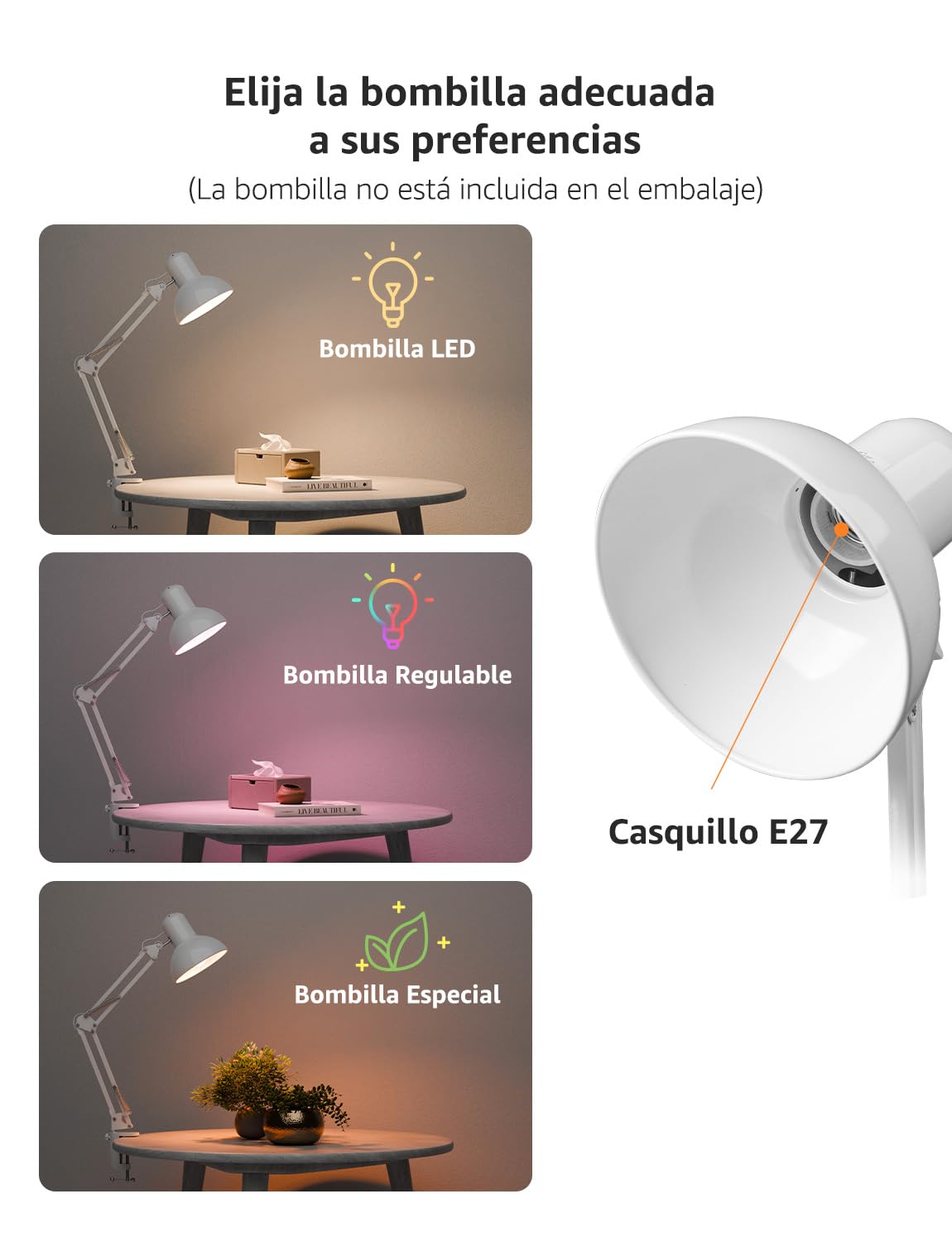 Lepro Lámpara Escritorio LED Industrial con Abrazadera Ajustable, Flexo LED Escritorio Metal Vintage 40W, Lámpara de Mesa de Noche para Cabecera, Estudio, Bombilla E27 No Incluida, Blanco