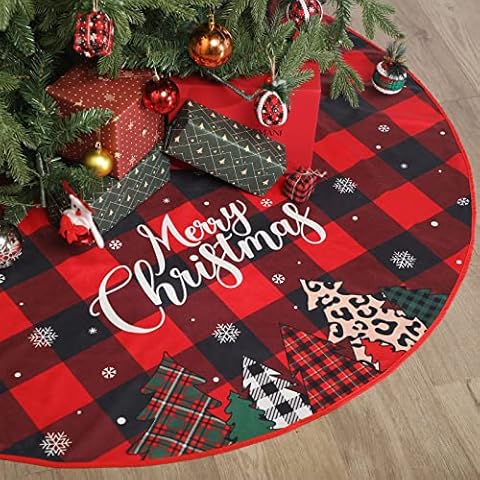 48 inch Buffalo Plaid Check Christmas Tree Skirt Large Double Layer Plaid Buffalo Snowflake Christmas Holiday Party Tree Skirt Mat Decor for Xmas Party Decoration Supplies (Back Red Plaid Style) Cover