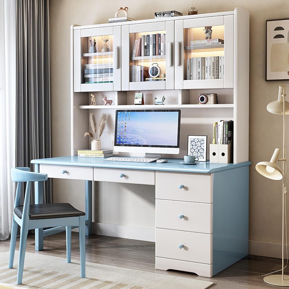 Wdsopk Blue Modern Home Office Desk With Hutch, Study Table Workstation With Drawers & Glass Door, Perfect For Small Spaces, Ideal Study Writing Desk（-120 * 60 * 186Cm）