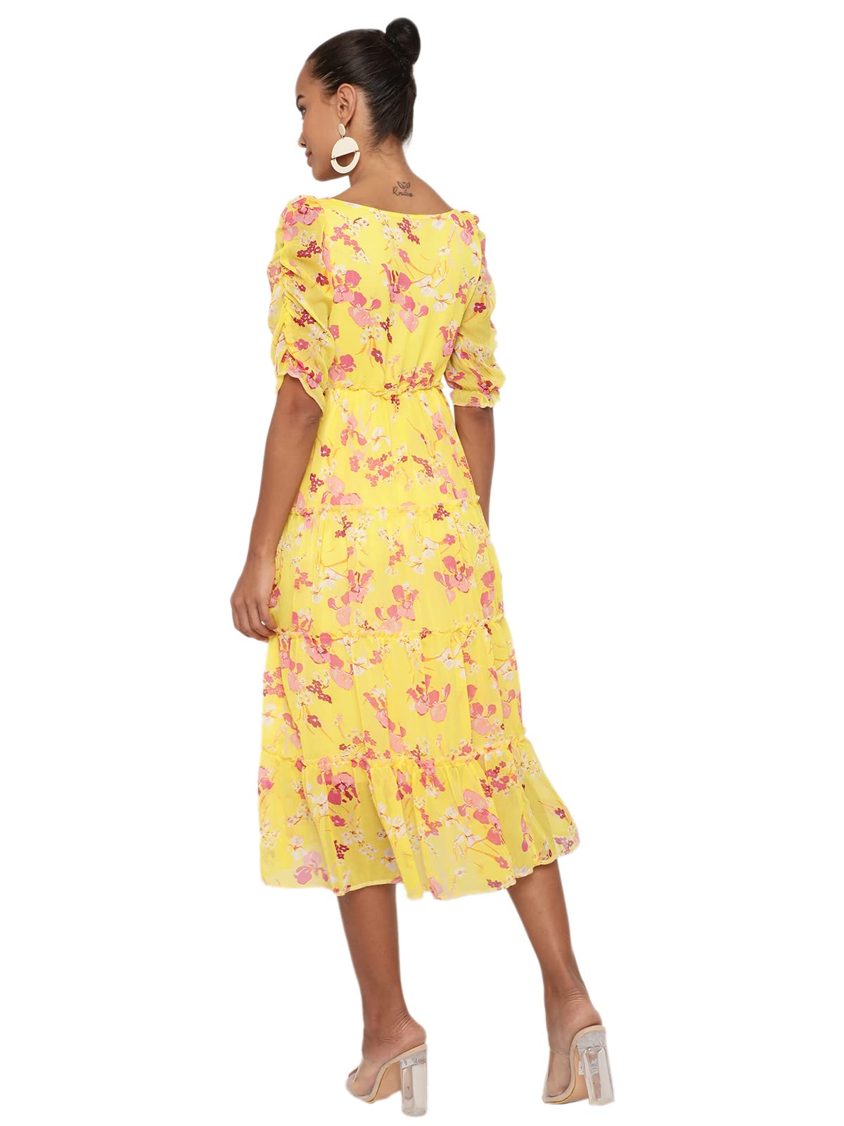 Sugathari Women's Yellow Chiffon Solid Floral Sweetheart Neck A-Line Dress For Women (Dress2 60 Yellow Xl)